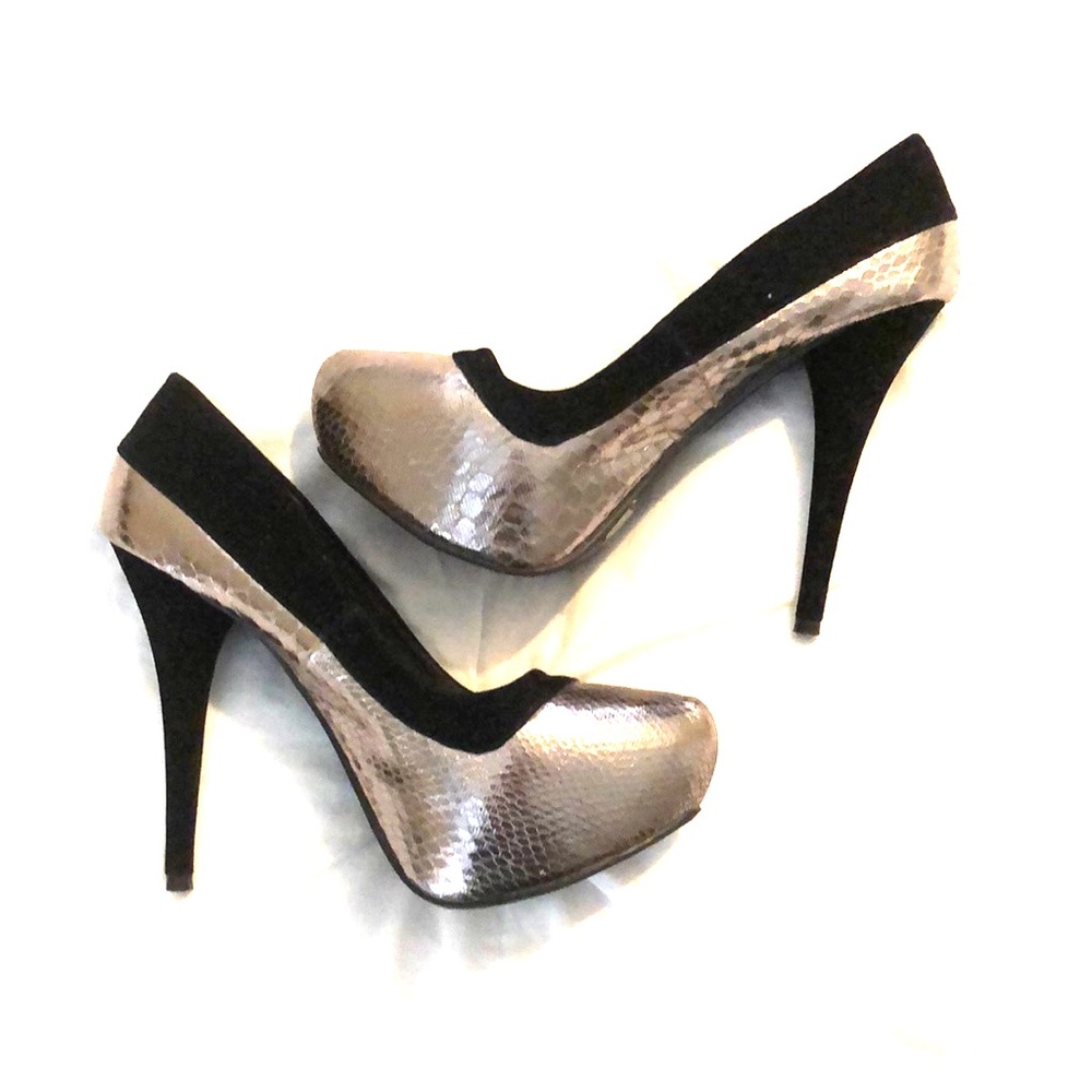 Black velvet and pewter snakeskin platform heels